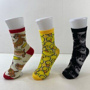 Mens Crew Socks Set 3 Hot Dog Daschunds Rubber Ducks Pandas Print Yellow Black